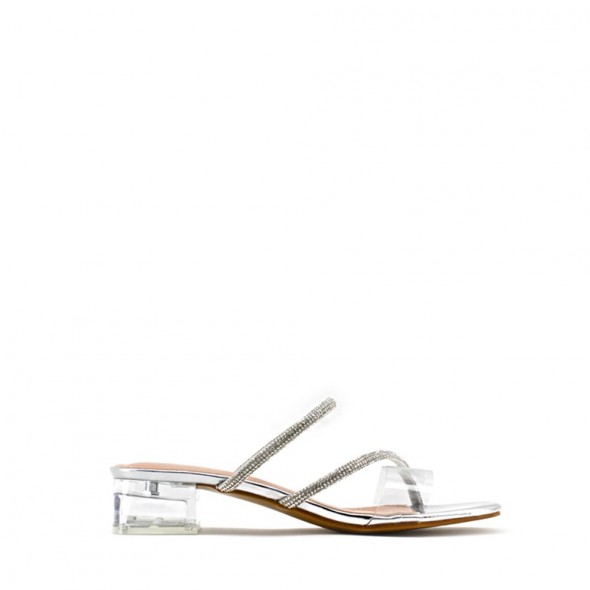 Sandalia Tacón Bajo Ancho Transparente Brillo Sandalia Tacón Bajo Ancho Transparente Brillo